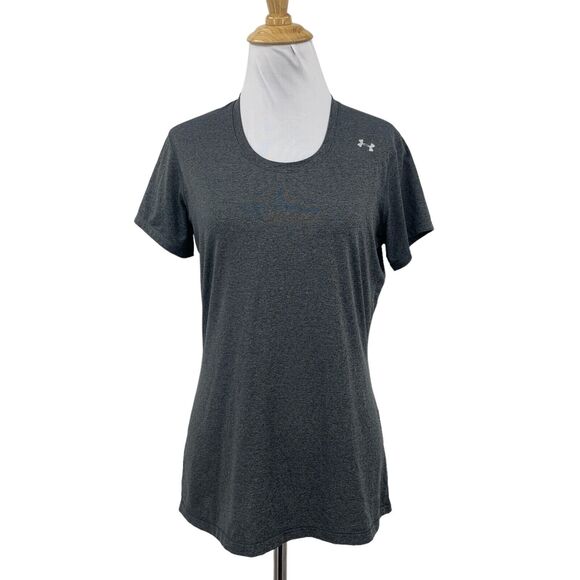 Under Armour T Shirt Womens M Medium Fitted Grey Stretchy Heatgear Workout Tee - Picture 1 of 12
